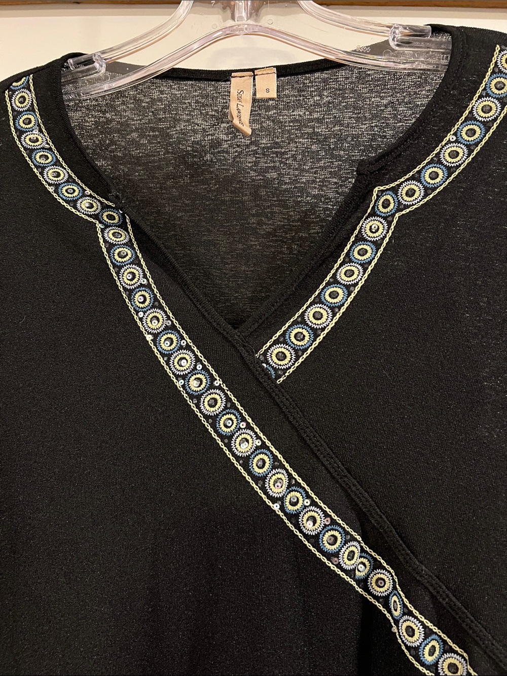 Susan Lawrence - Faux Black Wrap Top with Blue-Green Embroidered Trim, small - Picture 5 of 9